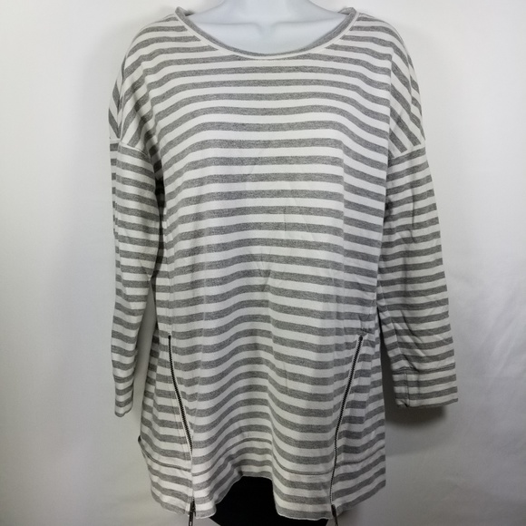 Loft Gray and White Striped Cotton Front Zip Top - Picture 2 of 6